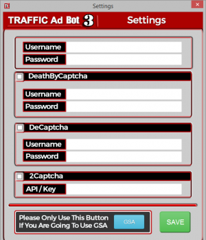 TrafficAdBot - Settings Panel - Including Captcha Services - 2Captcha, DeCaptcha, Deathbycaptcha, GSA Captcha Breaker, Captcha Sniper
